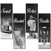 4 Pcs Bathroom Decor Wall Art Farmhouse Bathroom Pictures Wall Decor Soak Unwind Relax Breathe Wood Hanging Sign for Home Spa Bathroom Laundry(Black and Silver)
