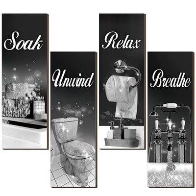 4 Pcs Bathroom Decor Wall Art Farmhouse Bathroom Pictures Wall Decor Soak Unwind Relax Breathe Wood Hanging Sign for Home Spa Bathroom Laundry(Black and Silver)