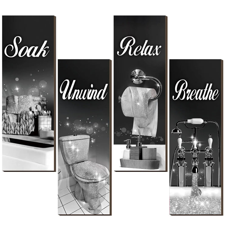 4 Pcs Bathroom Decor Wall Art Farmhouse Bathroom Pictures Wall Decor Soak Unwind Relax Breathe Wood Hanging Sign for Home Spa Bathroom Laundry(Black and Silver)