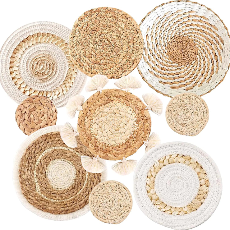 9PCS Boho Wall Baskets SetSeagrass Rattan Wicker Basket Boho Wall Decor Boho Room DecorRound Handmade Hanging Wall Basket Decor Wall Art for Farmhouse Living Room Bedroom Display Table Kitchen Home